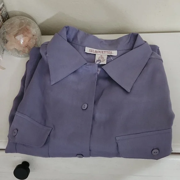 100% Silk Button Down Blouse 1X Purple   office lagenlook career Party - Picture 9 of 9